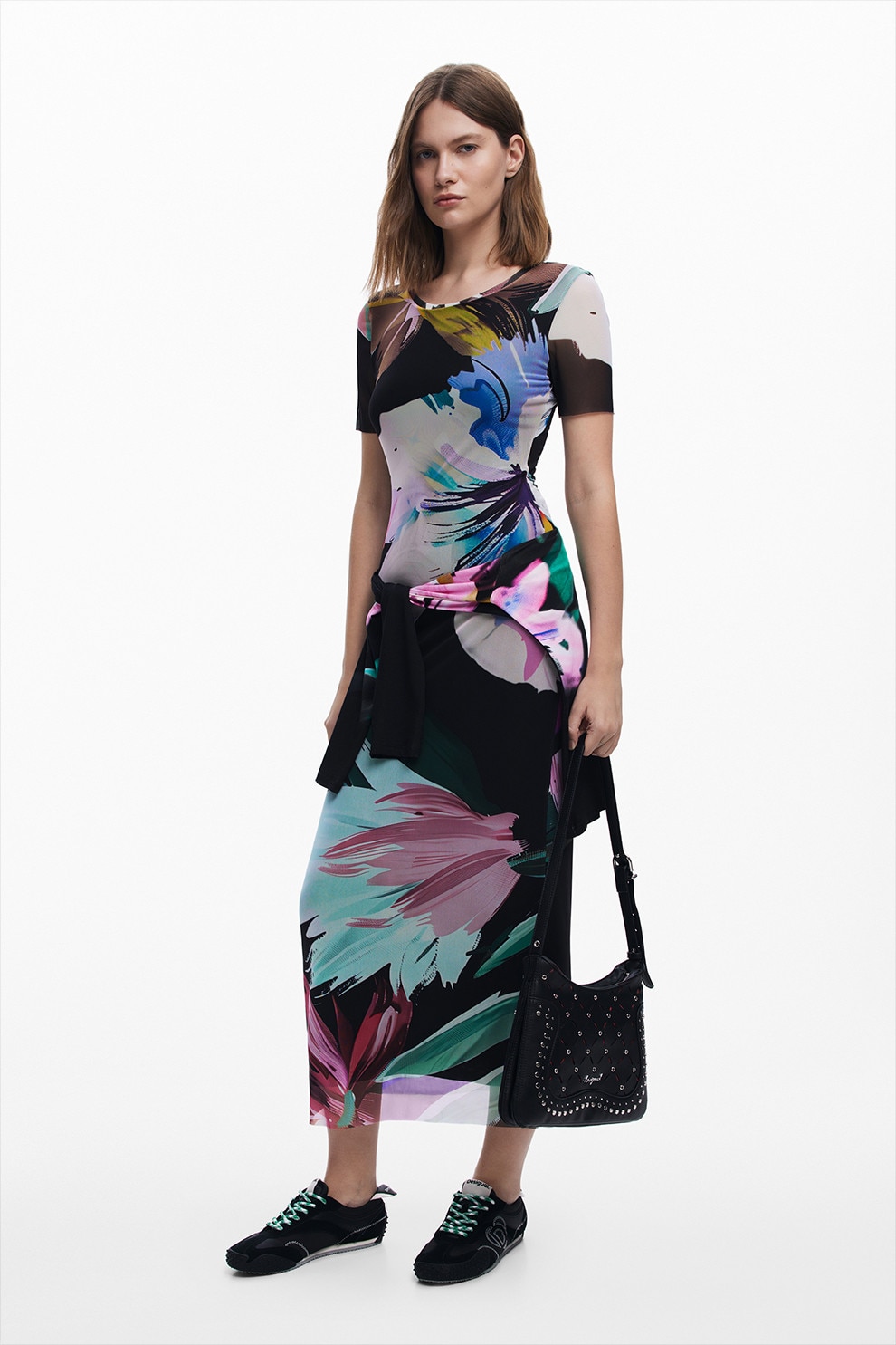 DESIGUAL, Rochie cu imprimeu floral si maneci scurte, Verde, Negru, Albastru glaciar, S