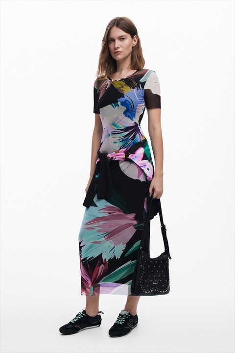 DESIGUAL, Rochie cu imprimeu floral si maneci scurte, Verde/Negru/Albastru glaciar