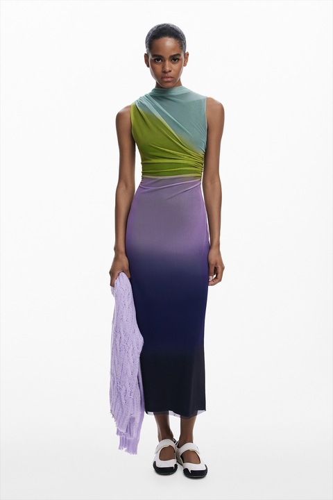 DESIGUAL, Rochie fara maneci cu volane, Verde/Lila/Bleumarin