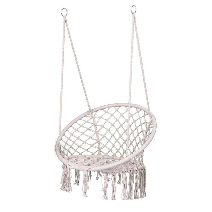 Fotoliu Tip Balansoar Suspendat SUPER TRENDS®, Premium, Greutate Suportata 150 kg, Cadru Cercuri Metalice, Perna, Bej