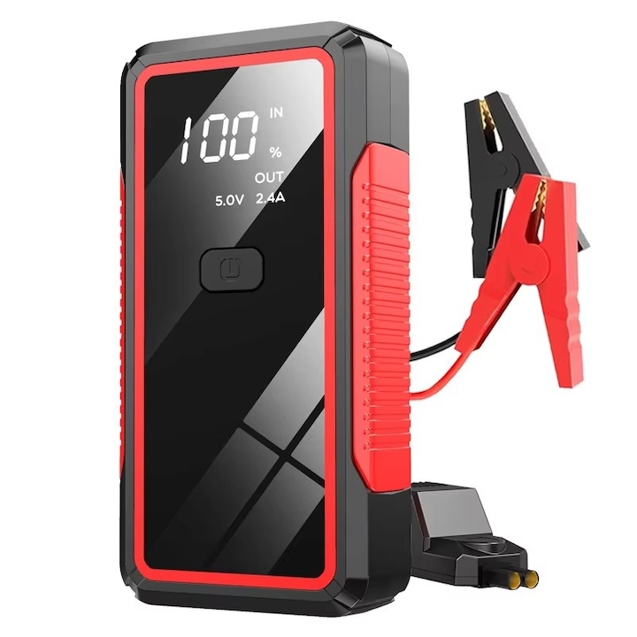 Starter auto multifunctional, 12V, 2000A, baterie externa, 26800mAh, lanterna, Clip inteligent, Negru/Rosu