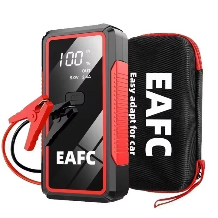 Multifunkciós autóindító, 12V, 2000A, külső akkumulátor, 26800mAh, zseblámpa, tárolótáska, fekete/piros