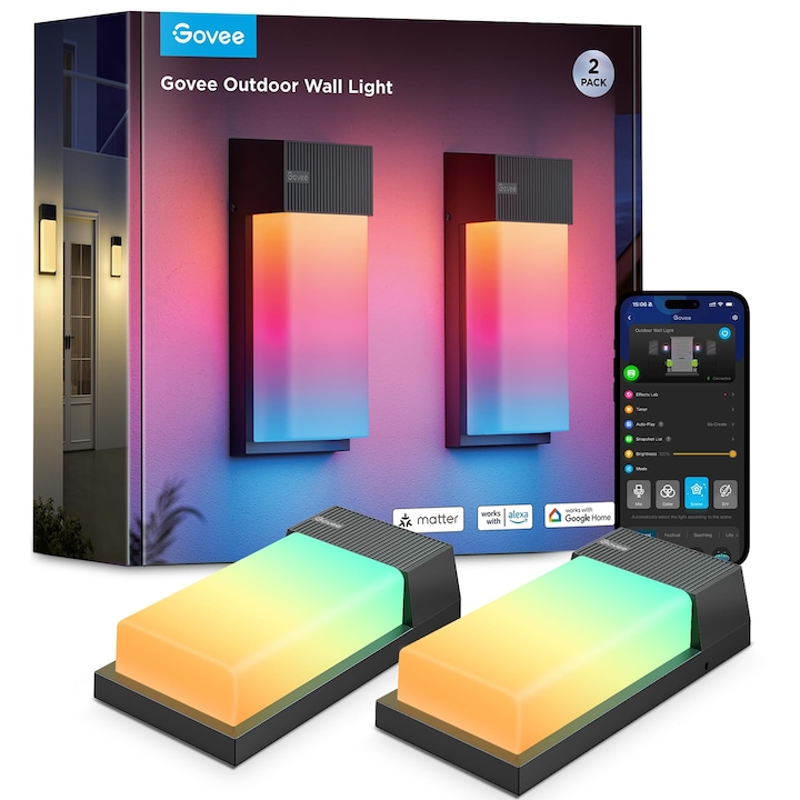 Комплект 2 соларни стенни лампи Govee, 1500Lm, водоустойчива IP65