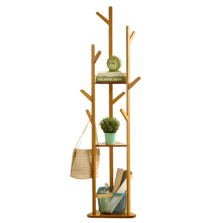 Закачалка за дрехи, Дървена, многофункционална, 3-етажни рафтове, куки, Естествен цвят