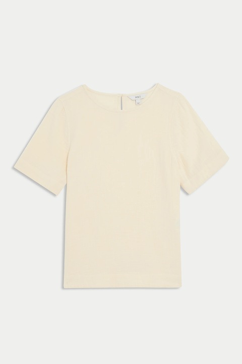 Marks & Spencer, Tricou de bumbac cu decolteu rotund, Crem