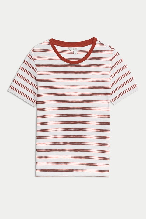 Marks & Spencer, Tricou cu decolteu rotund si model in dungi, Maro/Alb murdar