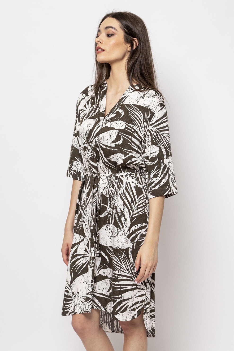 Heavy Tools, Rochie cu model si cordon in talie, verde militar inchis, Alb murdar, L