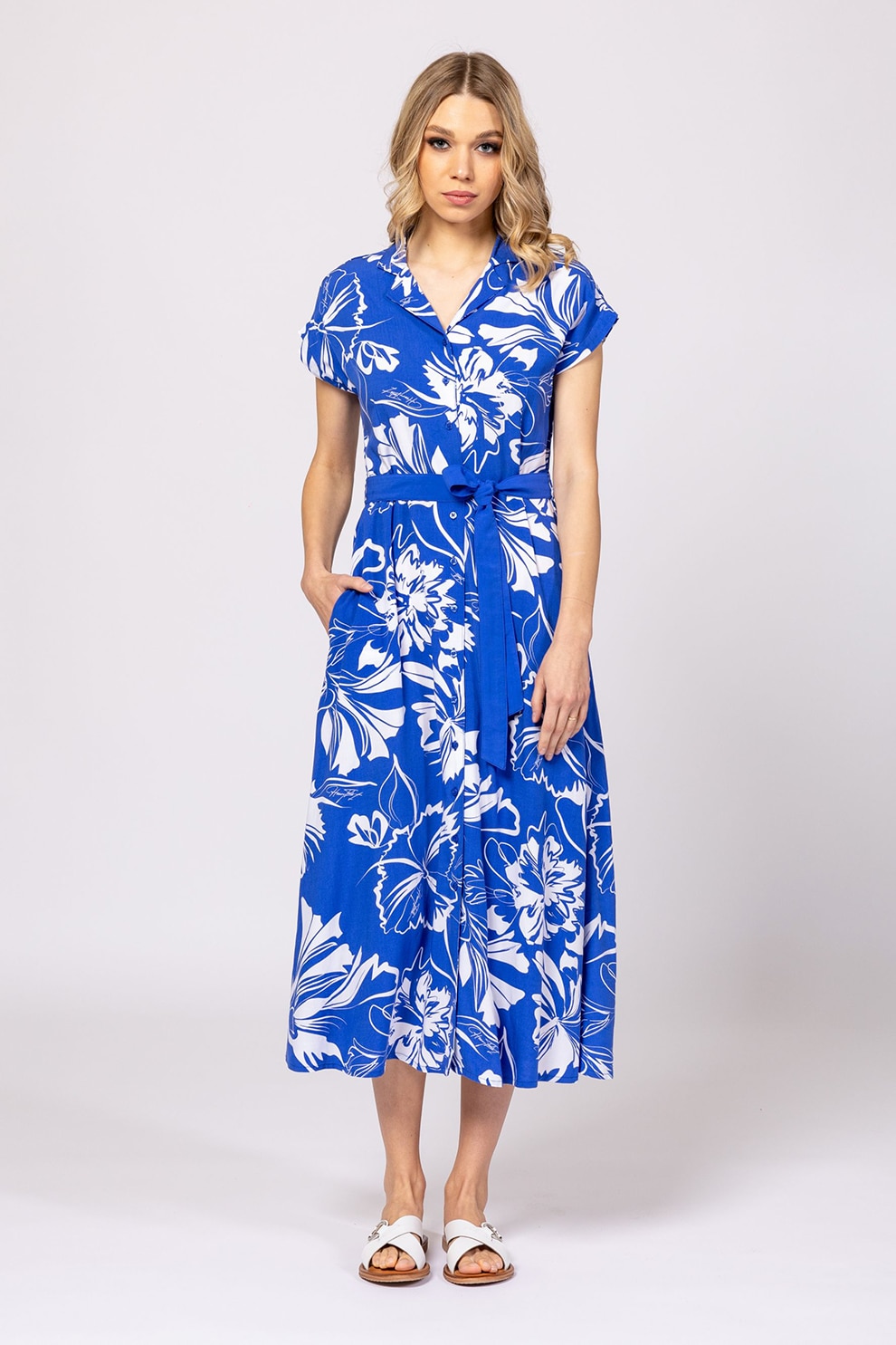 Heavy Tools, Rochie midi cu buzunare laterale Vernica, Alb, Albastru royal, M