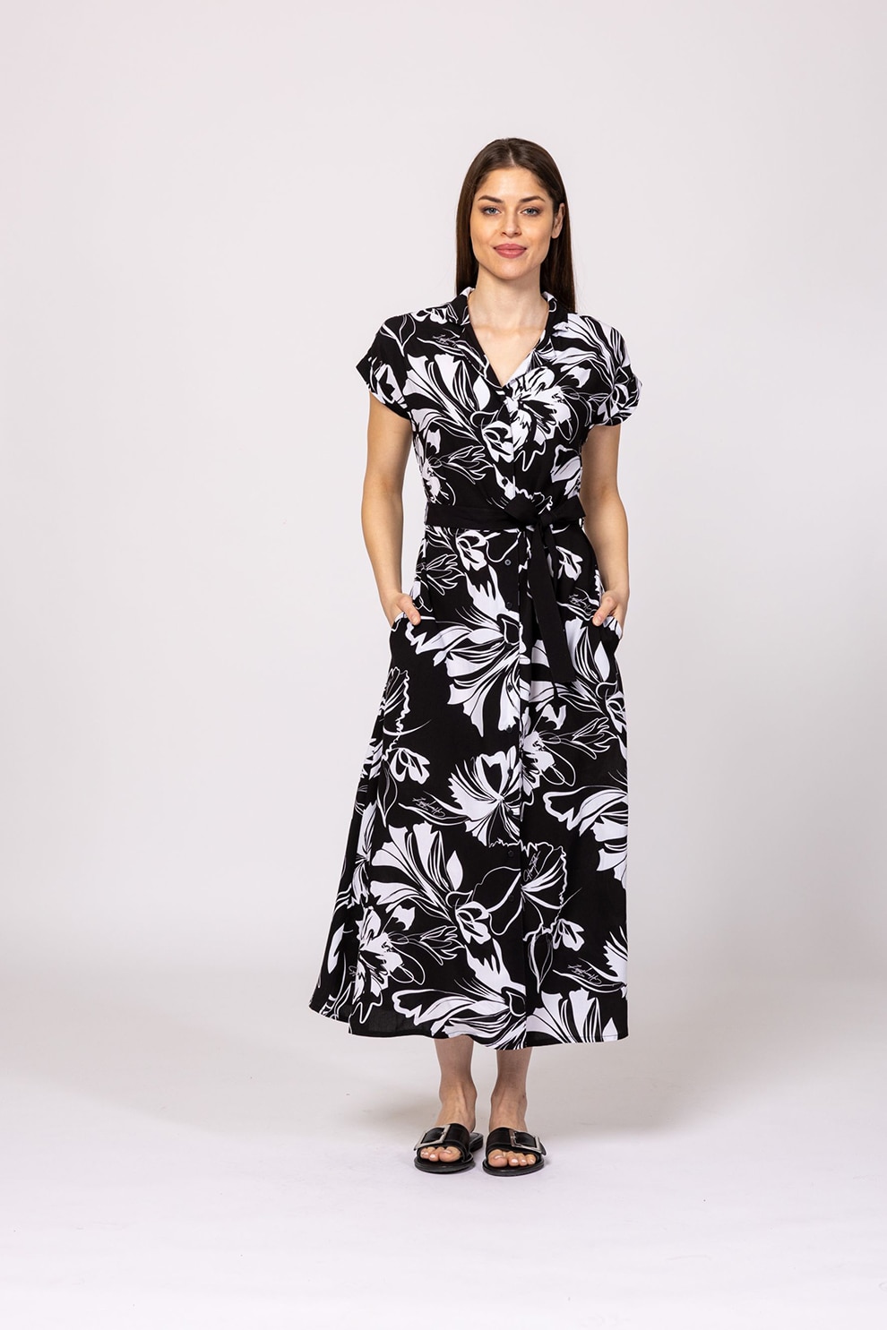 Heavy Tools, Rochie midi cu buzunare laterale Vernica, Negru, Alb optic, M