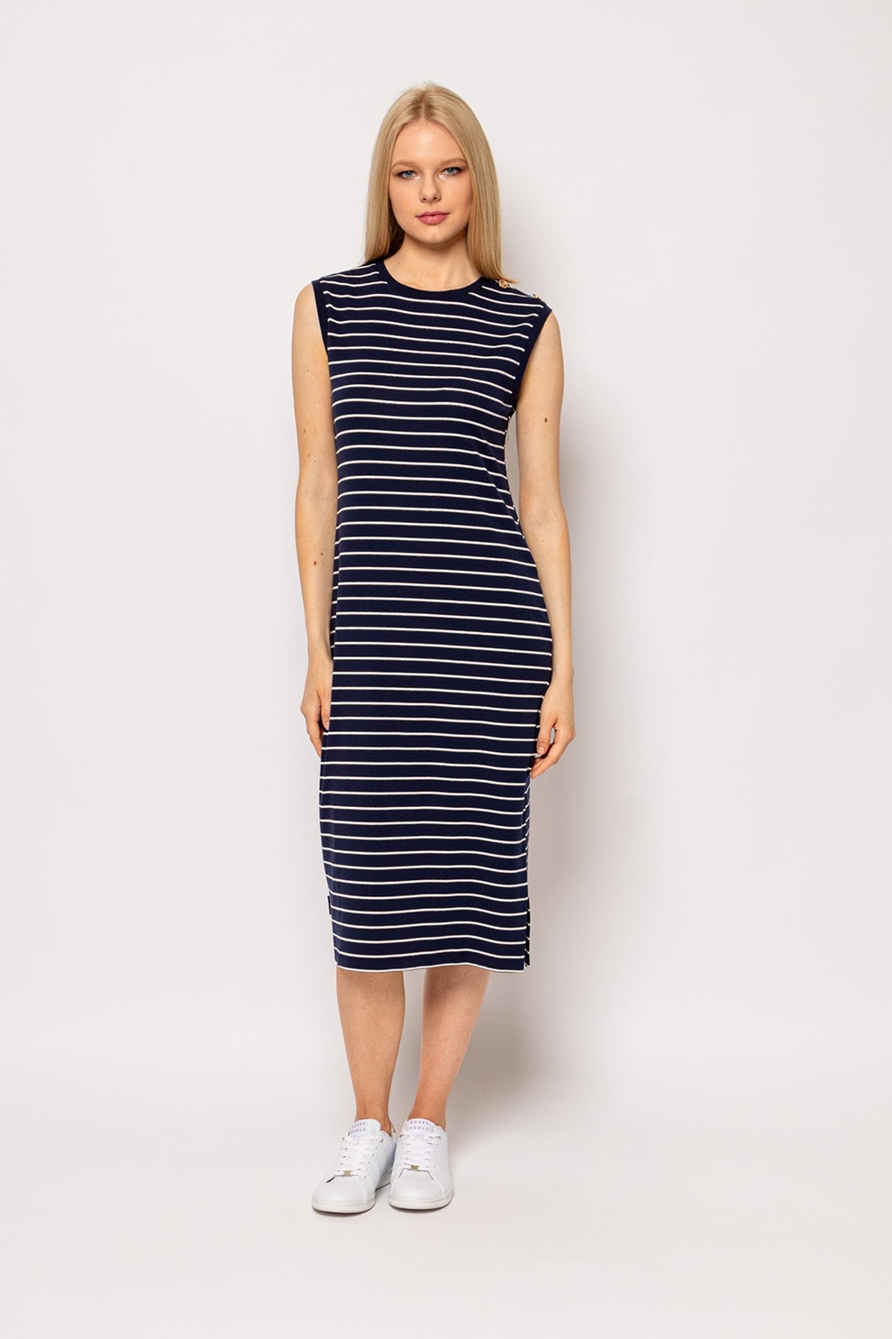 Heavy Tools, Rochie midi din amestec de modal cu model in dungi Vivero, Alb, Bleumarin, L