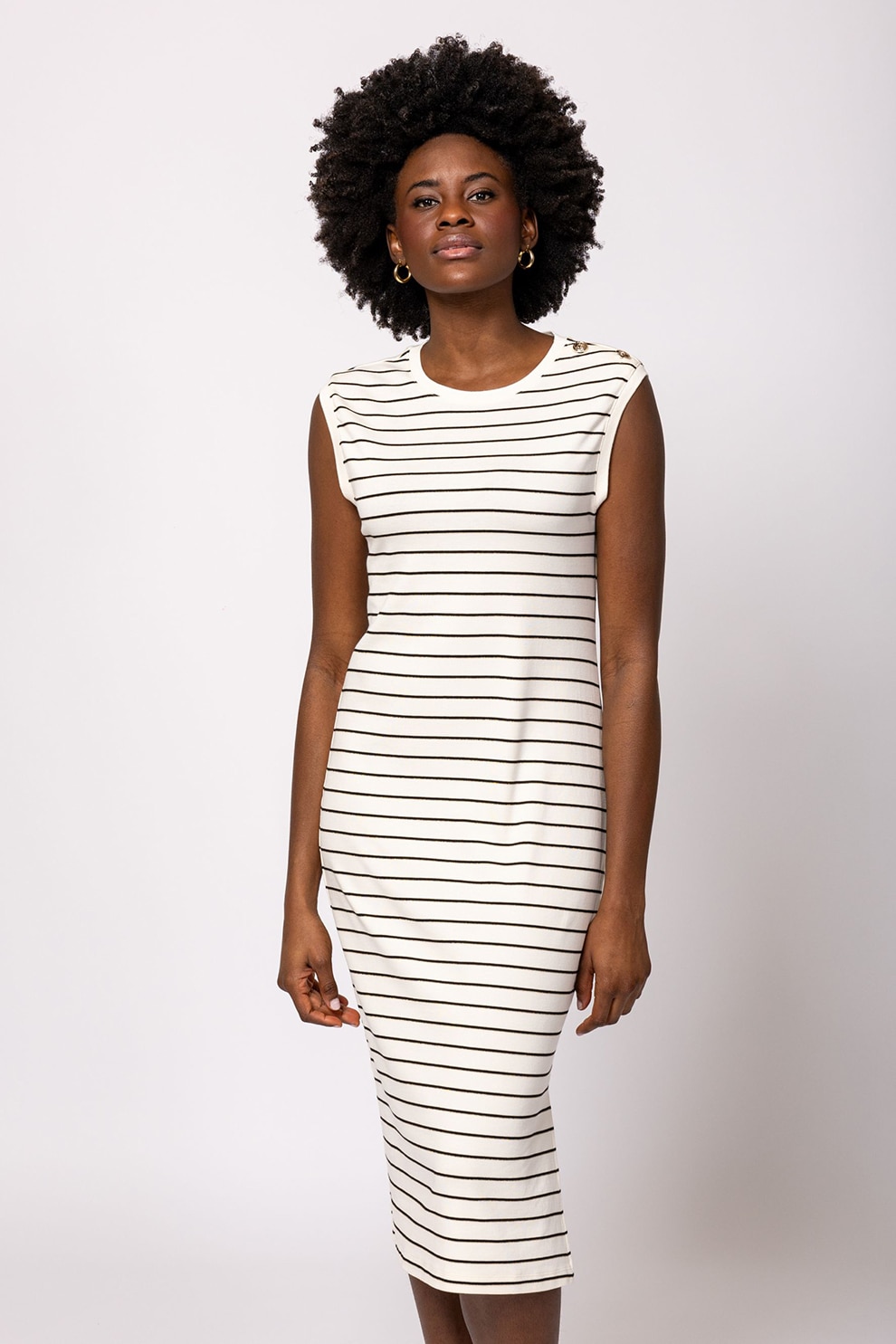 Heavy Tools, Rochie midi din amestec de modal cu model in dungi Vivero, Alb fildes, Negru, L