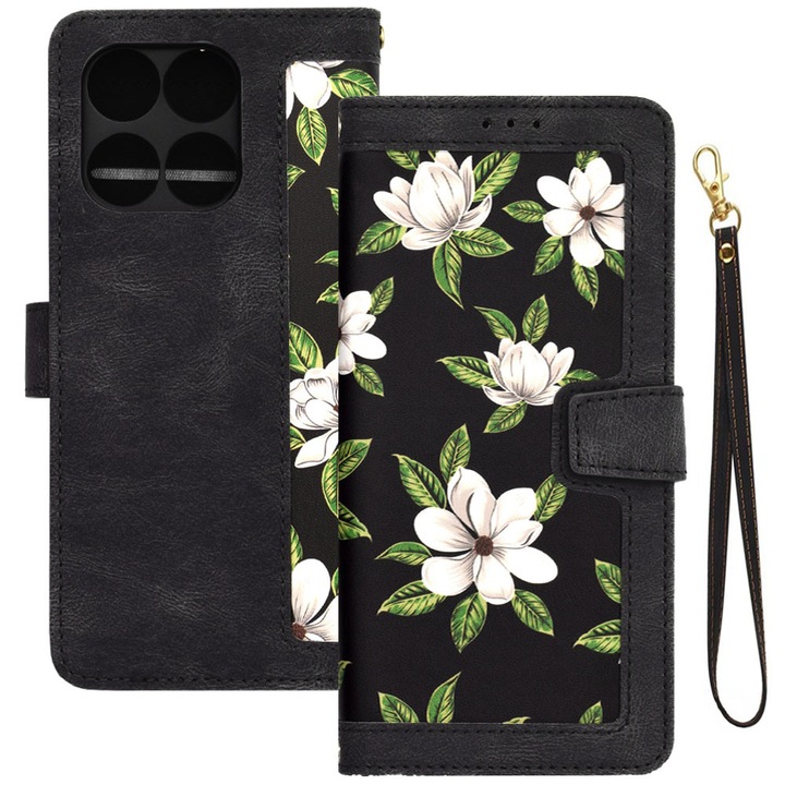 Husa tip carte pentru Motorola Edge 60 Fusion, Mystic Flowers, Piele ecologica, Buzunare carduri, Inchidere cu capsa, Functie stand/suport, Decupaj difuzor apeluri, Acoperire 360, Protectie completa fata-spate, Snur incorporat/detasabil, Negru