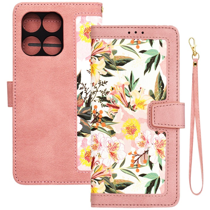 Husa tip carte pentru Motorola Edge 60 Fusion, Mystic Flowers, Piele ecologica, Buzunare carduri, Inchidere cu capsa, Functie stand/suport, Decupaj difuzor apeluri, Acoperire 360, Protectie completa fata-spate, Snur incorporat/detasabil, Roz