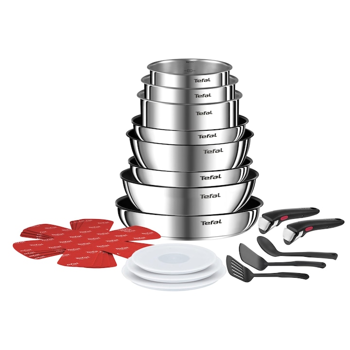 Комплект тенджери и тигани Tefal Ingenio Emotion, 20 части, с подвижна дръжка, с аксесоари, подреждащи се, спестяващи място, комплект индукционни съдове за готвене, 2X титаниево незалепващо покритие, лесна работа и почистване, L897Sk