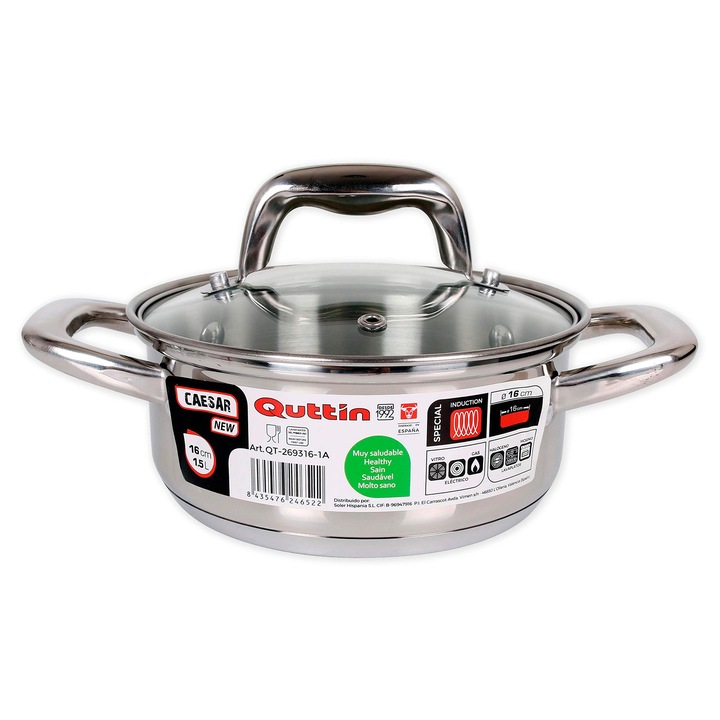 Quttin New Caesar Professional lábas indukcióhoz, konyhába és sütőbe, kis lábas, rozsdamentes acél, tapadásmentes bevonat, üvegfedél és fogantyúk, 16 cm / 1,5 l, ezüst