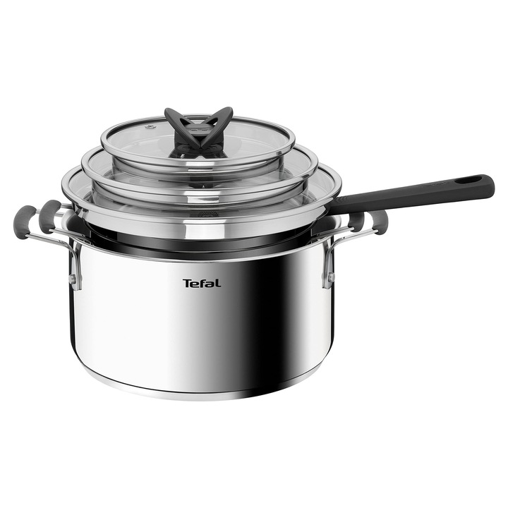 Комплект тенджери Tefal G7376S Opti'Space от 6 части, тенджера 16 см (включително капак), тенджери за готвене 20/24 см (включително капак), термофузионна основа от неръждаема стомана, за всички видове котлони, индукция, сив