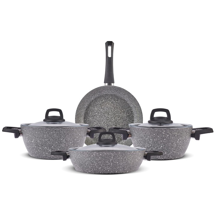 Karaca Gris Bio Granite, Комплект тенджери/тигани, 7 части, Незалепващо покритие, Индукция, Комплект тенджери и тигани със стъклени капаци, Комплекти тенджери, 3 тенджери със стъклени капаци + 1 тиган