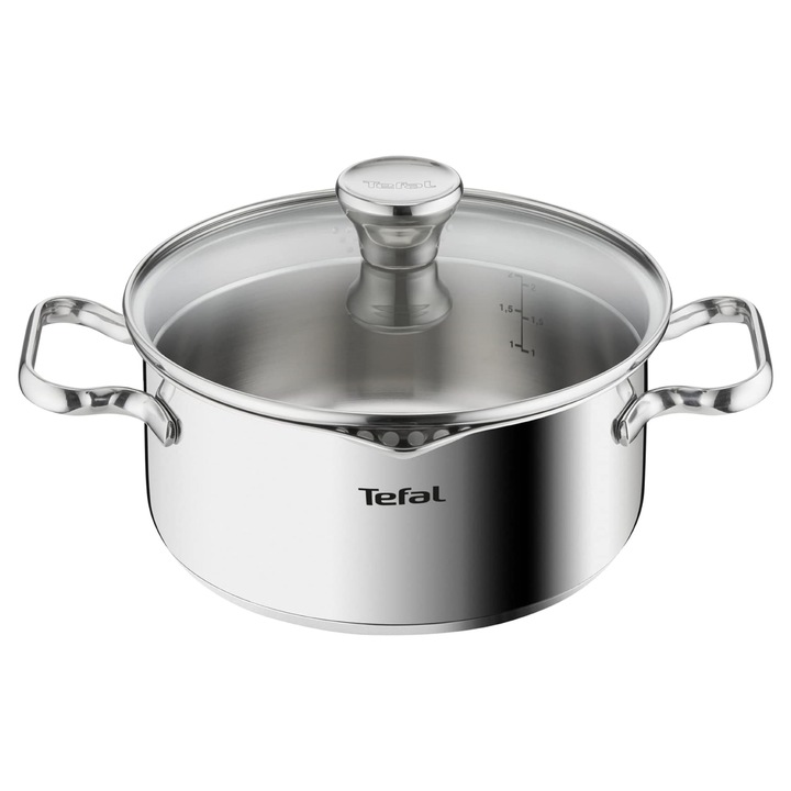 Тенджера Tefal Duetto A70542, 20 см, висококачествена неръждаема стомана 18/10, градуирана, с капак, подходяща за всички видове котлони, включително индукционни