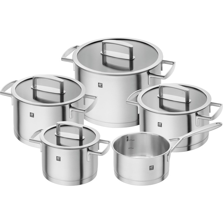 Set De Vase Zwilling Vitality, 5 Piese, Potrivit Pentru Plite Cu Inductie, Capac De Sticla, Otel Inoxidabil, Argintiu