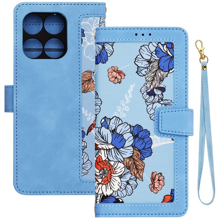 Husa tip carte pentru Motorola Edge 60 Fusion, Mystic Flowers, Piele ecologica, Buzunare carduri, Inchidere cu capsa, Functie stand/suport, Decupaj difuzor apeluri, Acoperire 360, Protectie completa fata-spate, Snur incorporat/detasabil, Albastru
