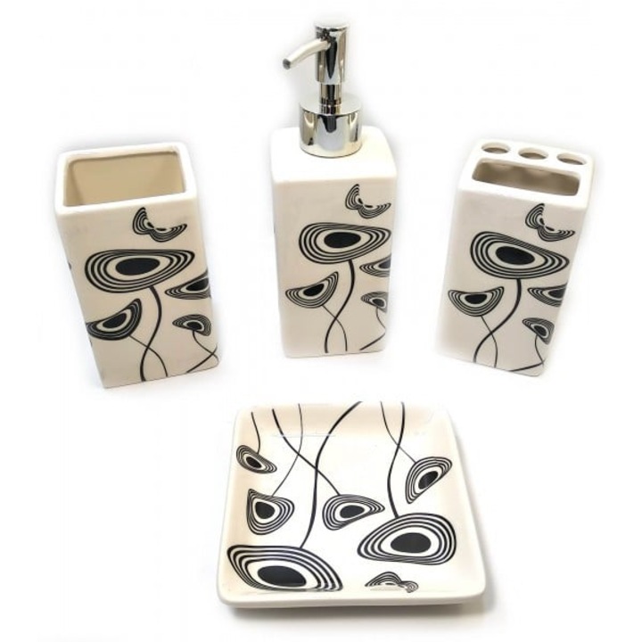 Set 4 accesorii baie, SMArtCo, ceramica, bej/negru