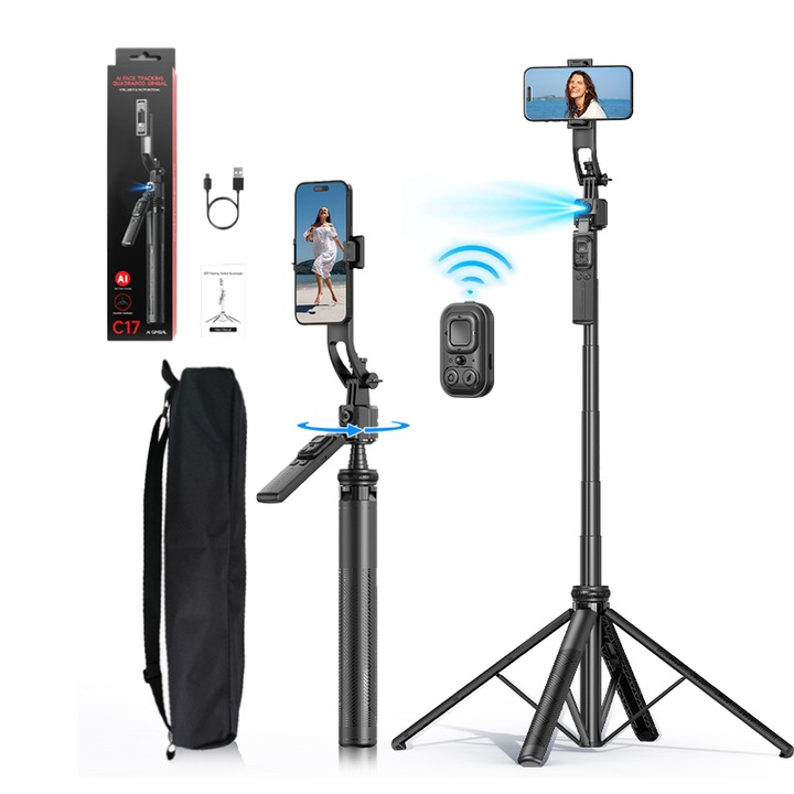 Trepied foto telescopic profesional TOKQI® MAX PRO, 163 cm, pentru telefon/aparat foto/GO PRO, aluminiu, reglabil la orice unghi, urmarire prin recunoastere faciala AI, incl. suport pentru telefon, telecomanda Bluetooth, geanta de depozitare