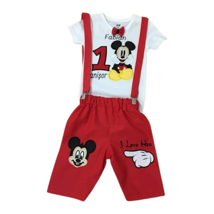 Set compleu bebelus, body si pantalon, Micky Mouse, rosu, 1 an