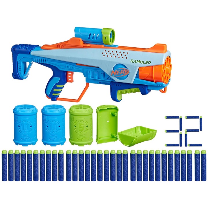 Pistol de jucarie Nerf, Elite Junior Rookie Pack, 4 tinte, 32 sageti incluse, multicolor