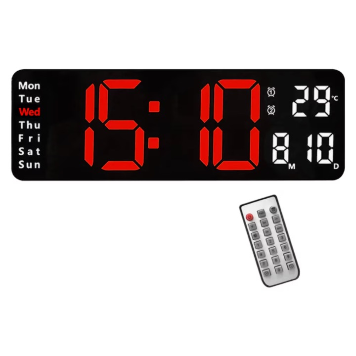 Ceas Digital de Perete, cu Telecomanda, Functie de Termometru, Calendar, Alarma Dubla, Alimentare Cablu, Luminozitate Ajustabila, Negru, LED Alb/Rosu, rama alba