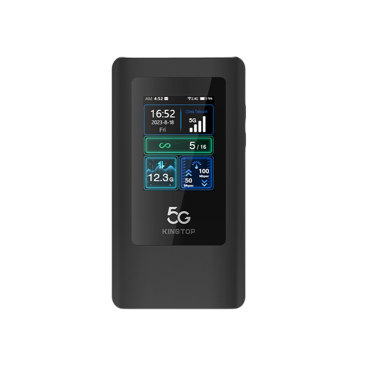 Hordozható router, 5G hálózat, teljes hálózati hozzáférés, WIFI6, 8 mag, LCD, Bluetooth, eSIM támogatás, 16 eszköz egyidejű csatlakoztatásának támogatása, 4400mAh, kompakt és hordozható, fekete