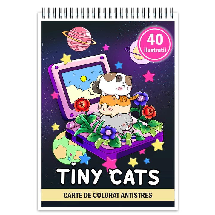 Carte de colorat antistres, 40 de ilustratii Tiny Cats, 86 pagini, Format: A5, Editura Cadouri Legendare