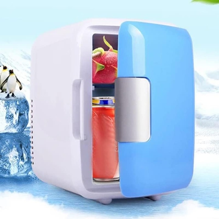 Mini Frigider Portabil Auto, Capacitate 4L, Conectare La Priza De La Masina, Pentru Vacanta, 12V, Racire si Incalzire, Priza Sau Incarcare Masina, Dimensiune 24x23x17cm, EMATTERIO®, Alb/Albastru