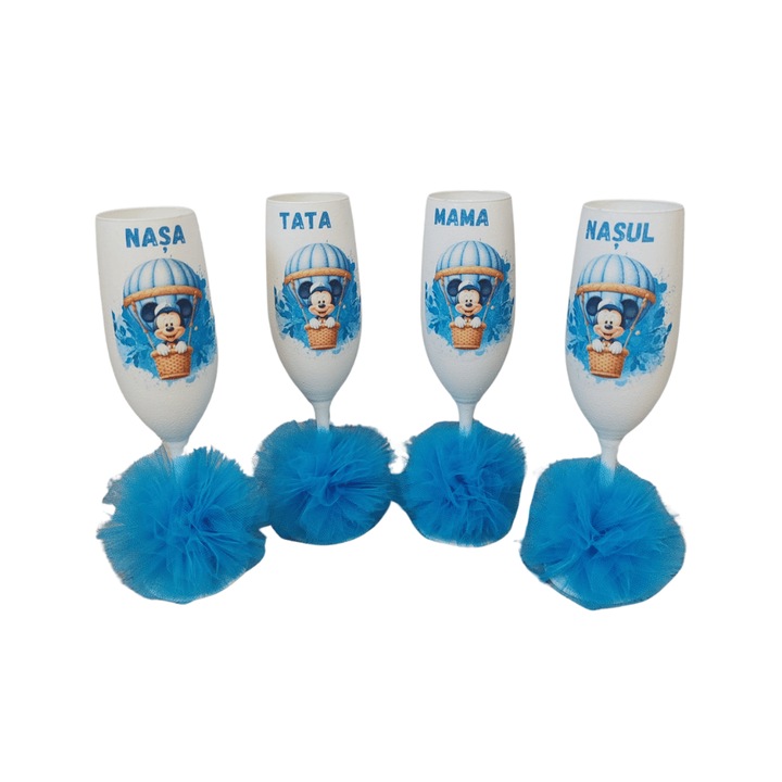 Set 4 pahare pentru botez, model Mickey Mouse, cu pom pom albastru