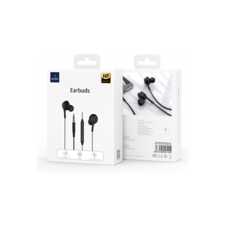 Prémium univerzális vezetékes audio fülhallgató WiWu 3,5 mm-es jack vezetékes mikrofonnal és hangerőszabályzóval Samsung, Huawei, Xiaomi, Oppo készülékekhez, fekete