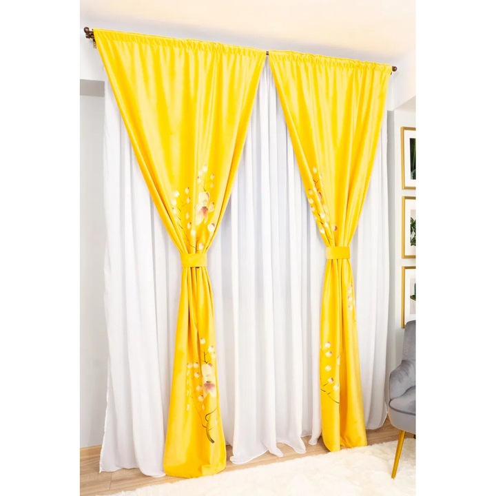 Комплект от 2 кадифени завеси Harnicuta в цвят горчица и жълто с рисувани цветя 2x100x245 см с Rejansa