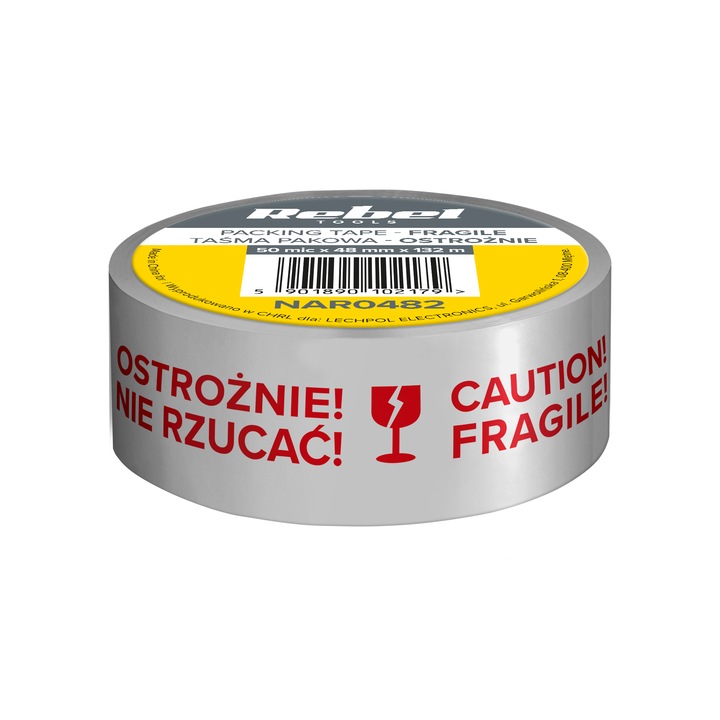 Banda adeziva REBEL, 50mic, 48mmx132m, cu text "Fragil"