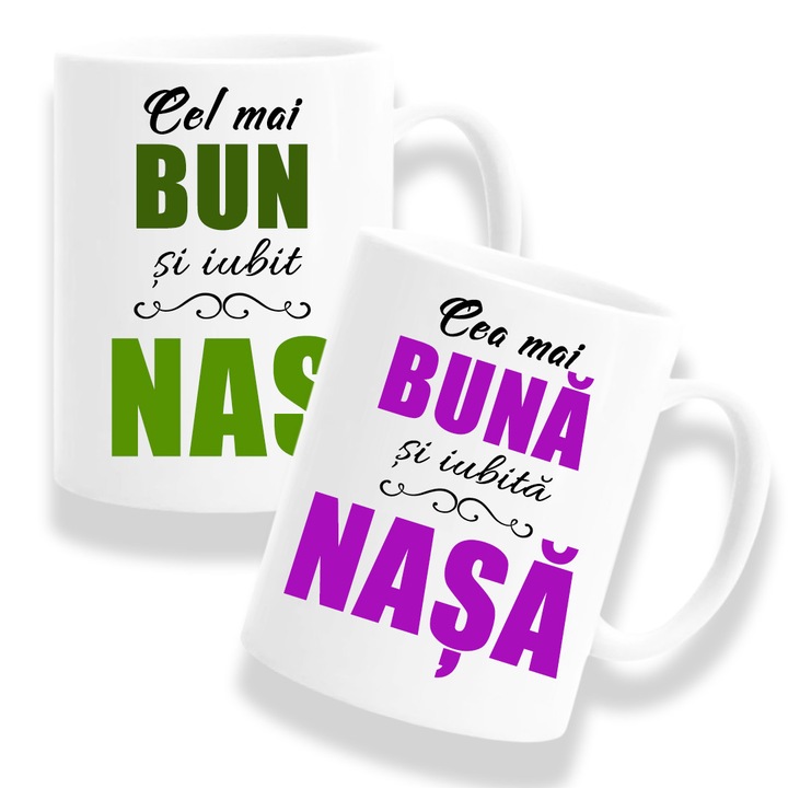 Set 2 Cani Personalizate pentru nasi cu mesaj:"Cel mai bun si iubit Nas, Cea mai buna si iubita nasa", Model 1, 330ml, ceramica