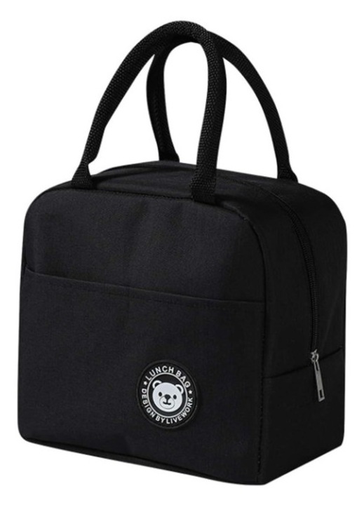 Geanta de pranz portabila din poliester pentru scoala, birou, calatorie, model Urs, 21 x 23 x 13 cm, culoarea negru, theCasius.®