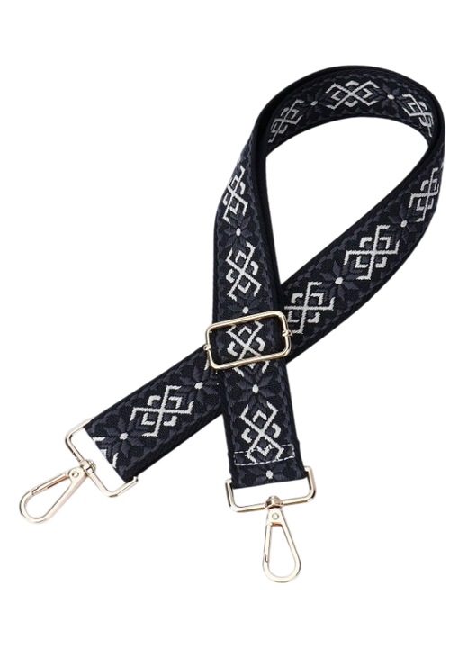 Állítható pánt táskához, etnikai mintával hímezve, Fekete nyomtatás