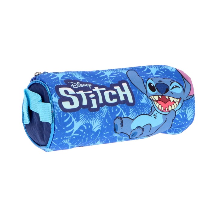 Penar deluxe cilindru 1 fermoar, neechipat Stitch, 23x9x9 cm Albastru