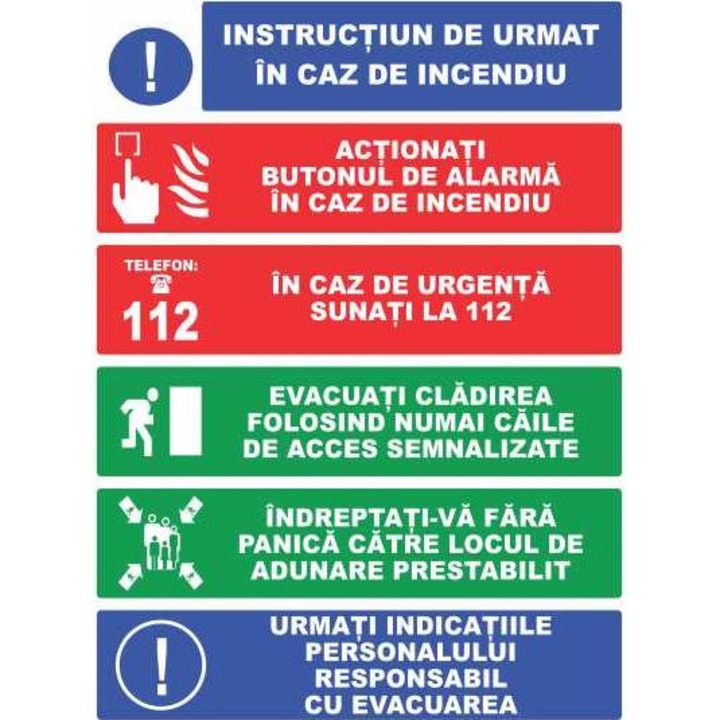 Indicator Inscrtuctiuni de urmat in caz de incendiu, Sticker autocolant, Cri-Flo, Dimensiune A5 21x15 cm