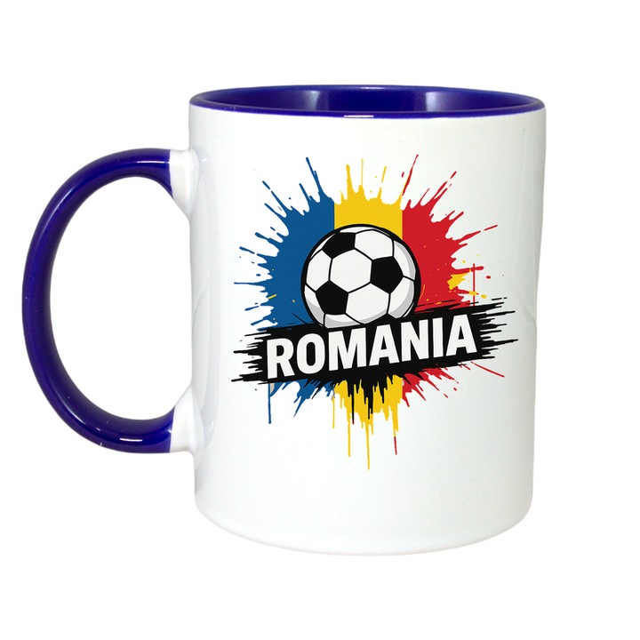 Cana Romania fotbal tricolor, Ceramica, Cri-flo, Culoare Maner si interior Albastru