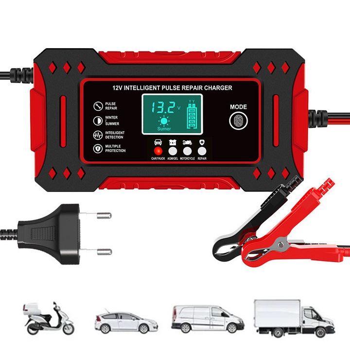 Токоизправител за автомобил, 12V 6A, бързо зареждане, множество защити, LCD дисплей, черен / червен, 180x85x60 мм