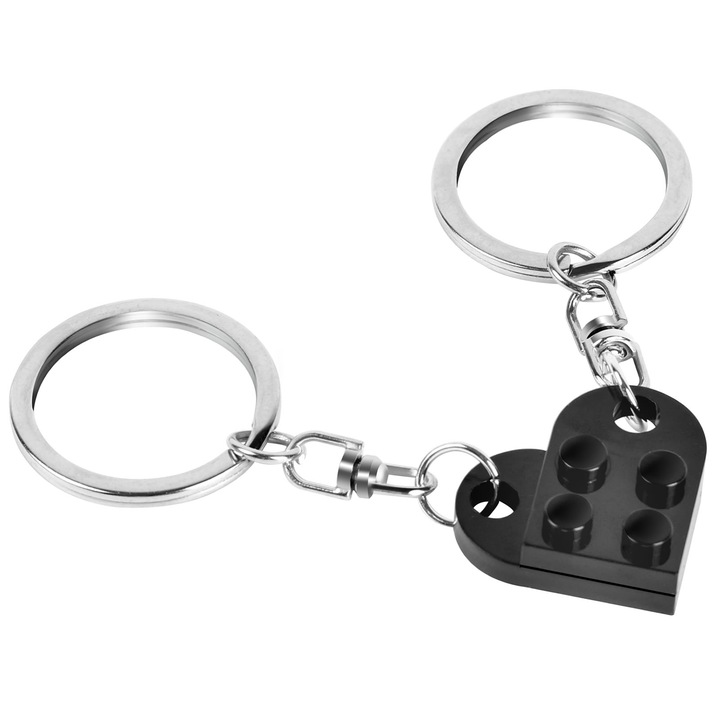 Szív alakú kulcstartó készlet, 2 darabos, rozsdamentes acél, 1,6x5 cm, fekete
