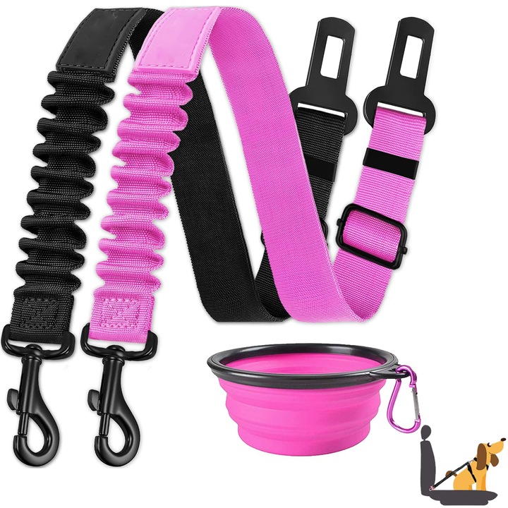 Set de accesorii pentru calatorii pentru animale de companie, TREXORA, 2 centuri de siguranta auto + 1 bol pliabil, nylon rezistent la impact, dimensiune 85x2.5cm, multicolor
