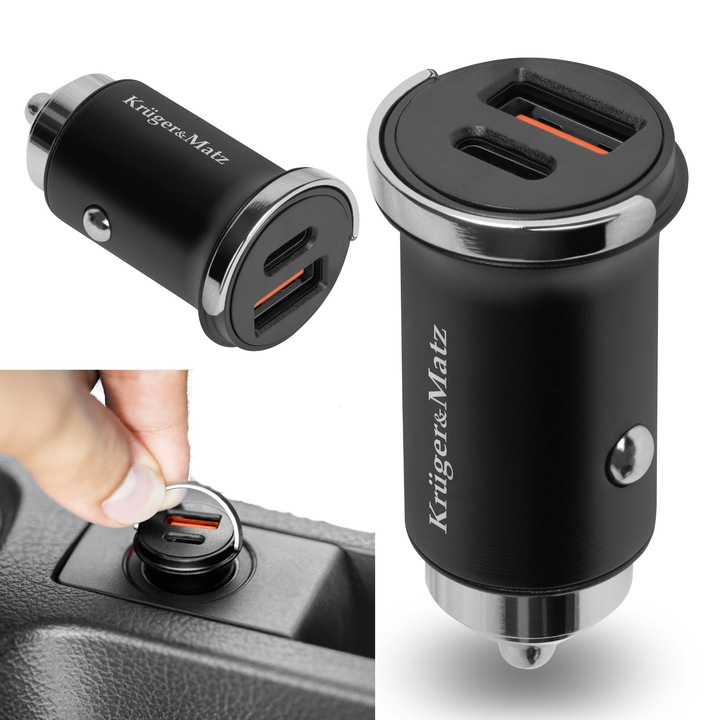 Kruger&Matz KM087 autós töltő, 30W, USB A és USB C, kompakt, 12-24V-hoz