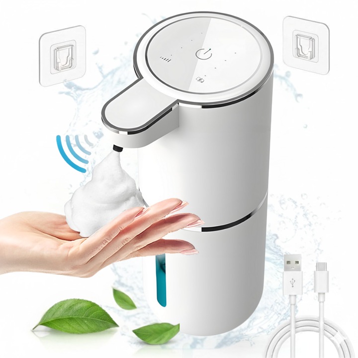 Dozator Automat Sapun Spuma ELMOSMART® P11, 380ml, Fara Atingere, Senzor Infrarosu, 4 Niveluri Reglabile de Dozare, Incarcare USB-C, Indicator LED, Rezistent la Apa IPX5, Design Compact, Igienic si Silentios, Baie, Bucatarie, Hotel, Restaurant, Alb