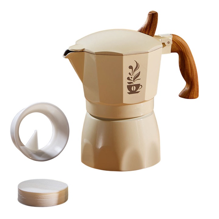 Кафеварка за котлон, Fudisenn®, 150 мл, капацитет 3 чаши, За приготвяне на италианско и кубинско кафе, Алуминиева сплав, Със 100 броя филтърна хартия, Млечнобял