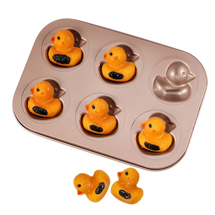 Tava pentru copt tort, forma de rata, 6 gauri, decor tort, Fudisenn®, antiaderenta, potrivita pentru diverse arome de prajituri mici/paine/budinca, 18,5x26,5 cm, aurie