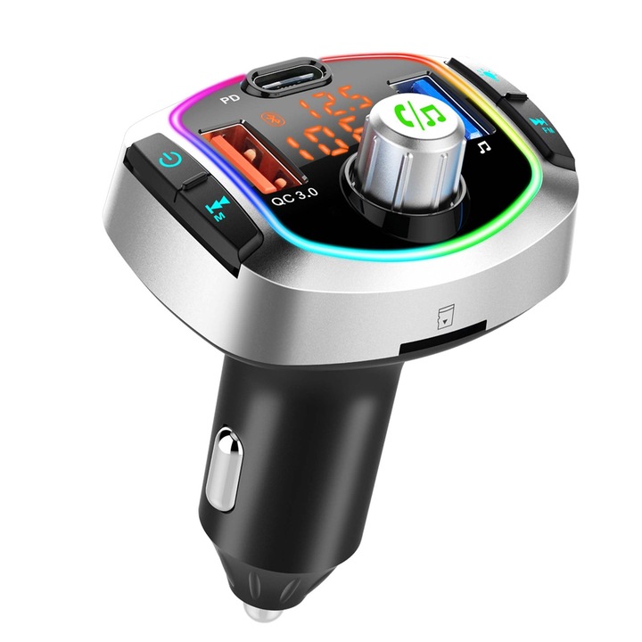 FM modulátor, Fudisenn, Bluetooth 5.3, 30 W gyorstöltés, kihangosító hívások, dupla képernyő, RGB világítás, 12V-24V, fekete